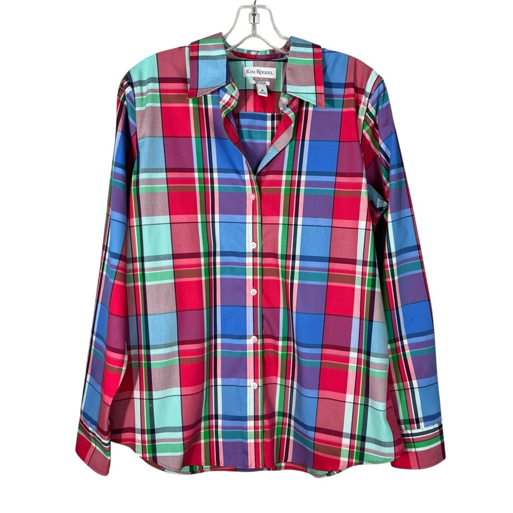 Kim Rogers No Iron Pink Plaid Button Down Collared Dress Shirt Office Profession